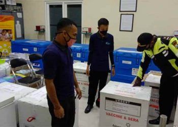 Petugas  melakukan pengecekan box vaksin sinovac yang baru tiba dari Surabaya.(dok/dinkes Kabupaten Malang).