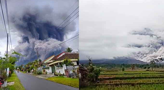Erupsi Gunung Semeru disertai asap tebal membumbung akibat hujan Foto : (Dokumentasi Warga)