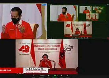 Ketua Umum PDIP, Megawati Soekarno Putri, memimpin Webinar nasional dalam rangka Ultah PDIP ke-48.(foto: Istimewa).
