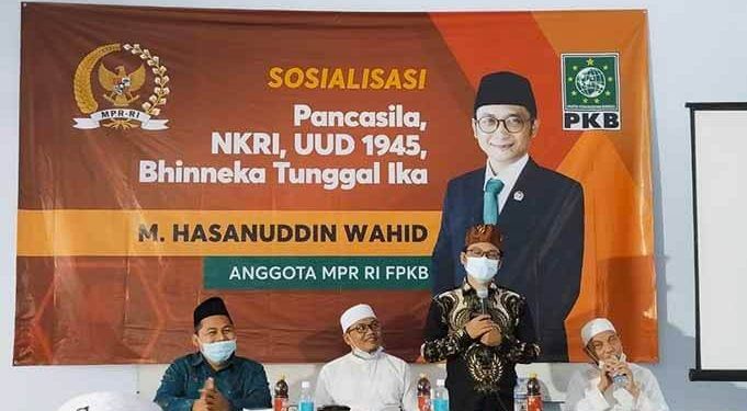 Anggota DPR/MPR RI Fraksi PKB, M. Hasanudin Wahid atau akrab disapa Cak Udin saat Sosialisasi 4 pilar PBNU di Ponpes Al Ittihad, Malang, Minggu (7/2/2021). Foto : Azmy