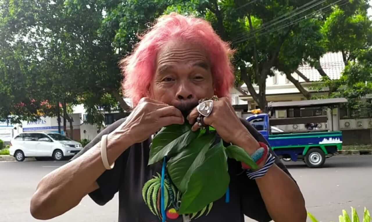 Cak Kandar, seniman musik daun eksentrik asal Kota Malang. Foto: Tangkapan layar dari Darmadi Sasongko Youtube Channel
