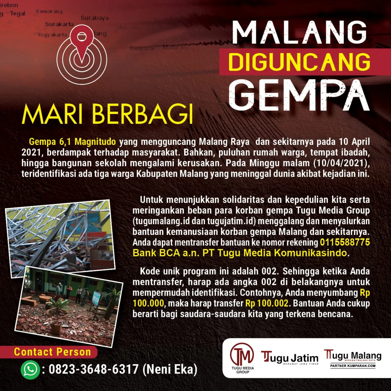 donasi - Tugu Media Group Galang Donasi untuk Korban Gempa Malang, Kini Telah Capai 13 Juta