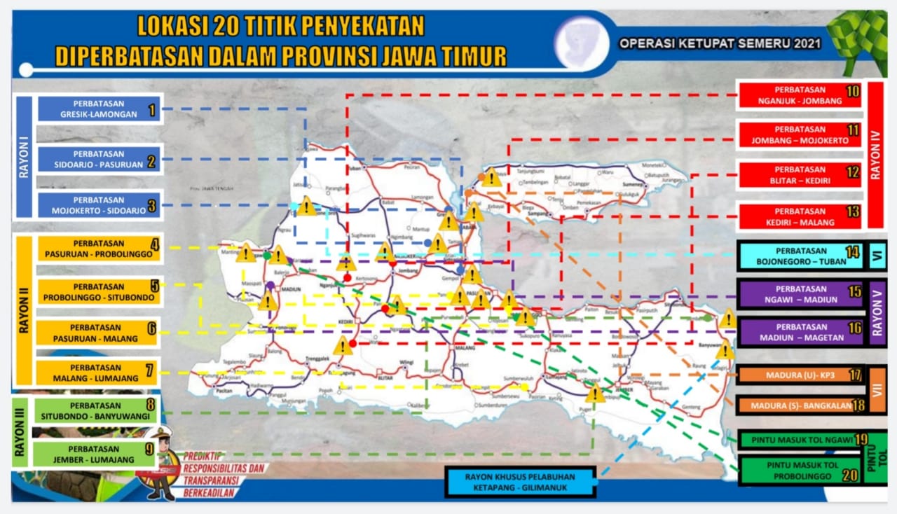Peta penyekatan yang tersebar di sejumlah wilayah Jawa Timur oleh Ditlantas Polda Jatim. Foto/Tangkapan Layar