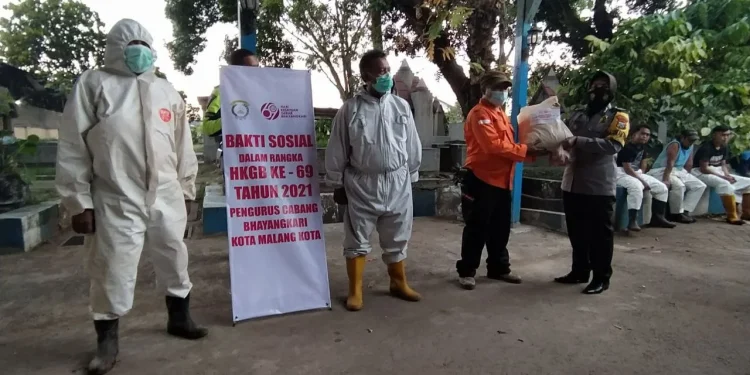 Penyerahan bantuan sembako dan daging kurban dari tim Bhayangkari Kota Malang kepada anggota tim pemulasaran jenazah Covid-19. Foto/Azmy.