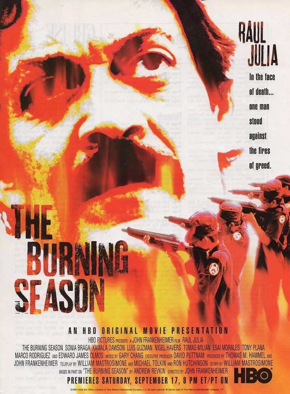 Poster film The Burning Season yang diperankan Raul Julia/tugu malang