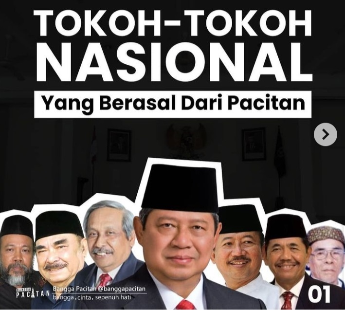 Tokoh nasional dari Pacitan, (dari kiri) Nursuhud, Haryono Suyono, Ir. Sutarto Alimoeso, Susilo Bambang Yudhoyono, Bambang Dwi Hartono, Sudijono Sastroadtmodjo, dan J.F.X. Hoerry/tugu malang