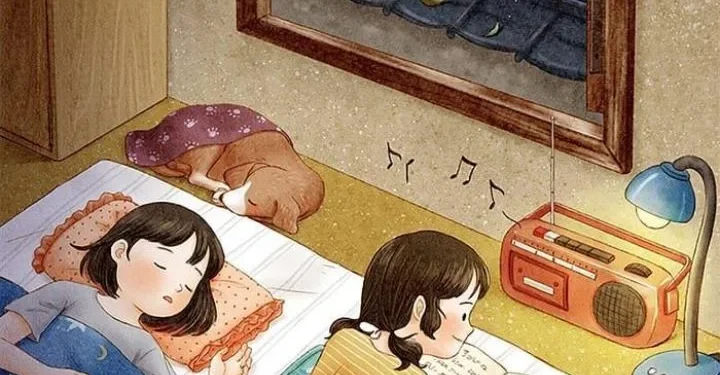 Ilustrasi dua remaja putri dan aktivitasnya di kamar kos/tugumalang