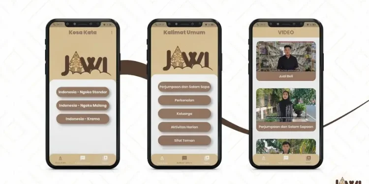 Tampilan aplikasi Jawi beserta fitur-fitunya yakni Menu Kosakata, Kalimat Umum, dan Video
