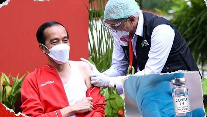 Presiden Jokowi sedang melakukan vaksinasi memberi teladan pada semua masyarakat agar segera ikut vaksin/tugu malang