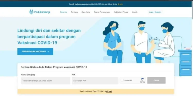 Tangkapan layar situs resmi PeduliLindungi yang bisa diakses di www.pedulilindungi.id/tugu malang
