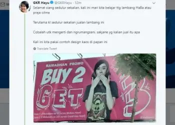 GKR Hayu memprotes baliho untuk promo yang model perempuannya memakai kaus berlambang kesultanan Yogyakarta. (Foto: Twitter @gkrhayu/Tugu Malang)