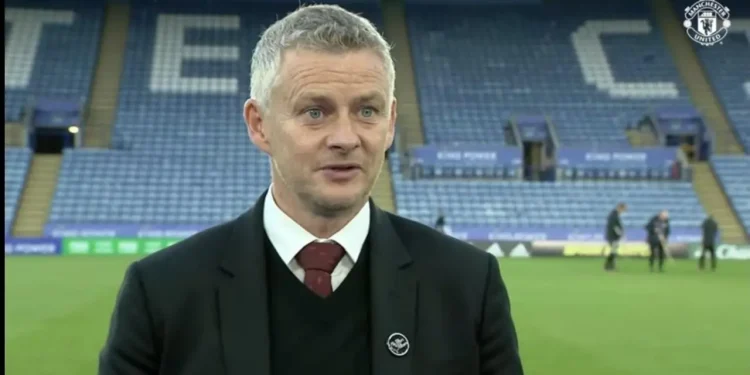 Pelatih Manchester United, Ole Gunnar Solskjaer saat dimintai keterangan pasca laga melawan Leicester City/tugu malang