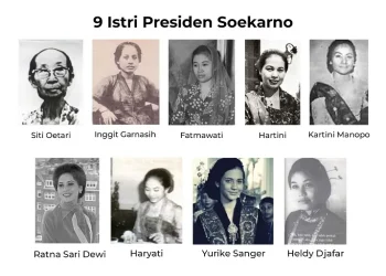 9 istri presiden Soekarno, (dari kanan atas) Siti Oetari, Inggit Garnasih, Fatmawati, Hartini, Kartini Manoppo, Ratna Sari Dewi, Haryati, Yurike, dan Heldy Djafar./tugu malang