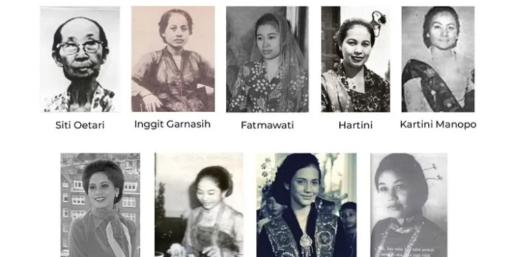 9 istri presiden Soekarno, (dari kanan atas) Siti Oetari, Inggit Garnasih, Fatmawati, Hartini, Kartini Manoppo, Ratna Sari Dewi, Haryati, Yurike, dan Heldy Djafar./tugu malang