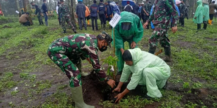 Pangdivif 2 Kostrad, Mayjen TNI Andi Muhammad ikut terjun melakukan reboisasi dengan menanam 12 ribu pohon di sejumlah titik di hulu sungai Brantas Kota Batu, pada Selasa (23/11/2021). Foto: Ulul Azmy