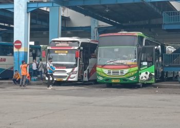 Armada bus bersiap di titik pemberangkatan Terminal Arjosari Kota Malang. Foto: M Sholeh