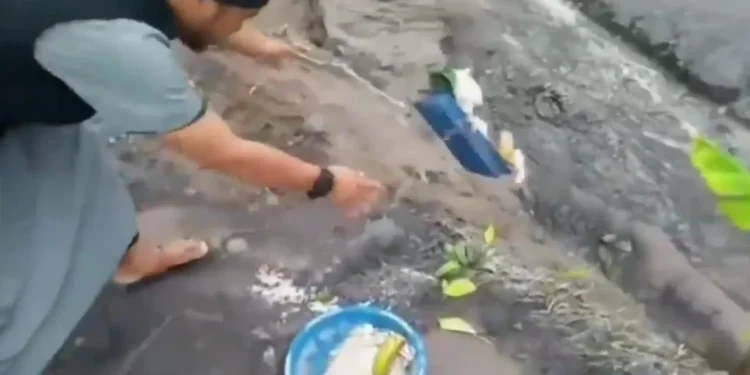 Pria membuang sesajen di lokasi erupsi Gunung Semeru. Foto: tangkapan layar video viral
