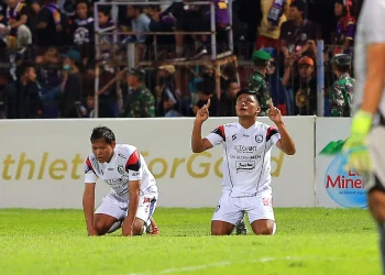 Selegrasi Gol Arema FC dicetak Oleh Irsyad Maulana dalam laga lanjutan BRI Liga 1 di Stadion Brawijaya,Kota Kediri, Sabtu (17/9/2022).