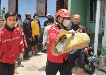 Petugas membawa mayat bayi yang ditemukan di sungai