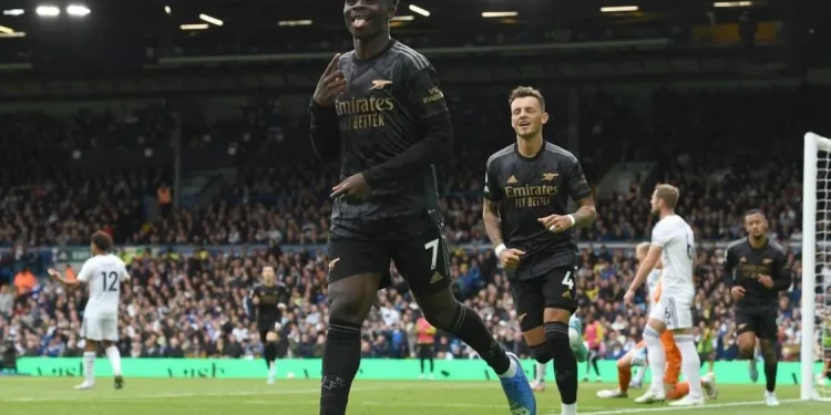 Bukayo Saka berselebrasi sesaat setelah mencetak gol tunggal kemenangan Arsenal atas Leeds United.