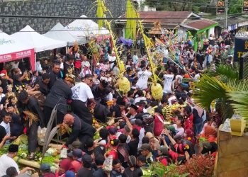 Tradisi Jabutan tumpeng dalam Kirab Budaya warga Desa Songgoriti Kota Batu ke-191, Selasa (15/11/2022).