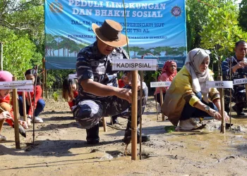 Kadispsial Laksma TNI Edi Krisna Murti bersama perwakilan komunitas MTC Laily Fitriyah Liza Min Nelly (kanan) melakukan penanaman bibit pohon di Pantai Malang Selatan, Jumat (25/11/2022).