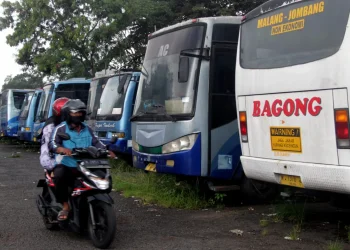 Bus Bagong parkir dekat Bus Puspa Indah yang sudah mangkrak di Terminal Landungsari, Kota Malang.
