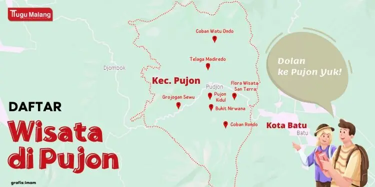 Peta daerah Pujon, Kabupaten Malang yang memiliki banyak lokasi wisata.