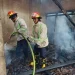Petugas Damkar Kabupaten Malang melakukan penanggulangan kebakaran di Singosari.