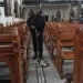 Anggota satuan Brimob Detasemen B Polda Jatim melakukan sterilisasi di Gereja Katolik Paroki Hati Kudus Yesus, Kayutangan, Kota Malang, Jawa Timur,