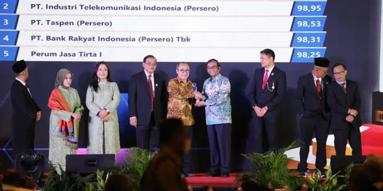 Dirut PJT I (tengah kiri) menerima penghargaan Badan Publik Informatif 2022 dari Menko Polhukam Mahfud MD.