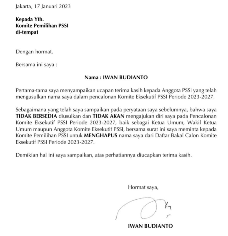 Surat pernyataan Iwan Budianto yang meminta Komite Pemilihan PSSI menghapus namanya.