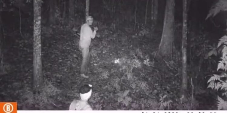 Tangkapan layar kamera pantau menangkap dua orang pemburu liar membawa senapan di lokasi hutan Tahura R Soerjo. Petugas tengah menelusuri identitas kedua pelaku.