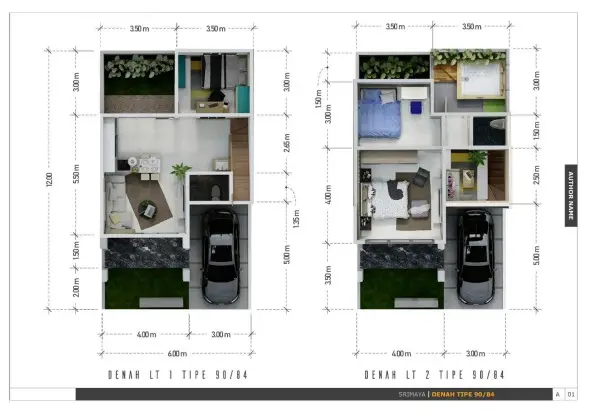 Denah desain rumah tipe 80 dua lantai di Srimaya Living.