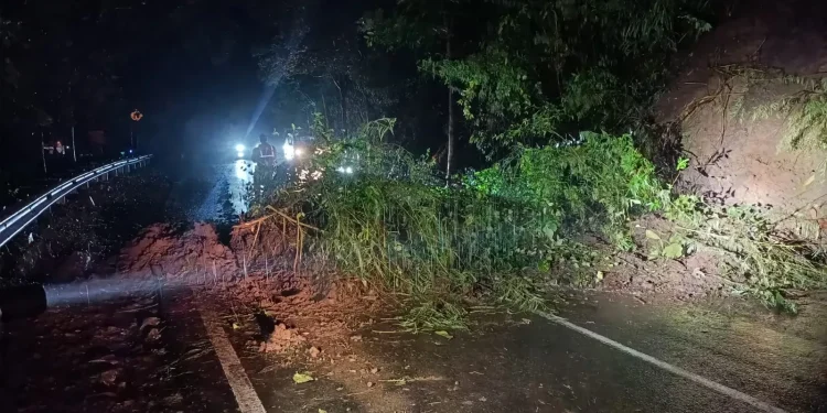 Petugas BPBD Kota Batu melakukan pembersihan material longsor di kawasan Payung Im Kelurahan Songgokerto, Kota Batu, Kamis (2/3/2023) malam.