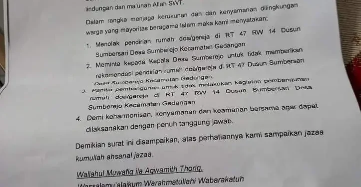Surat penolakan gereja yang diterbitkan oleh PRNU Desa Sumberejo kini sudah dibatalkan.