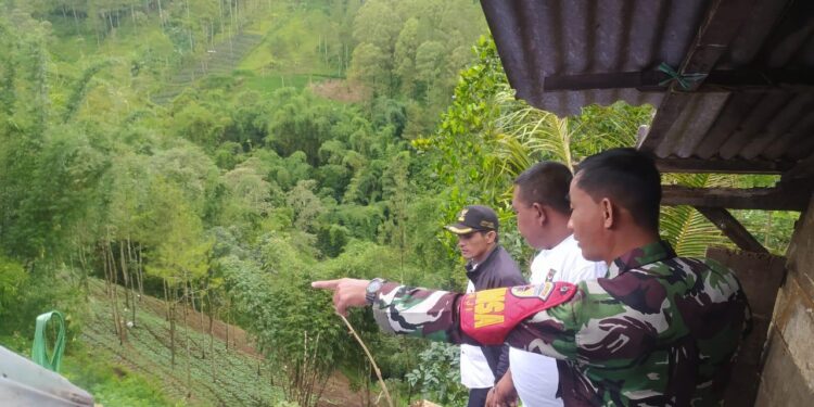 Petugas meninjau lokasi longsor di belakang rumah warga Desa Taji.