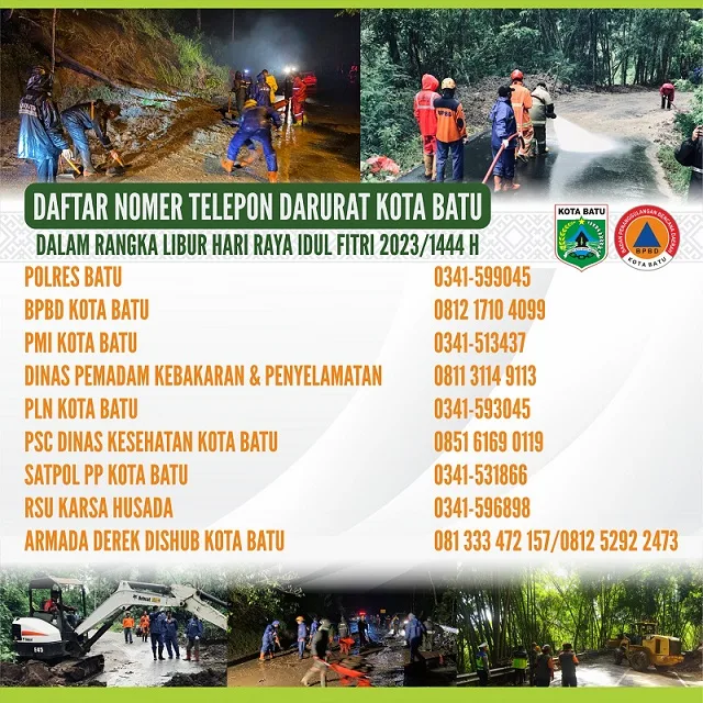 Infografis daftar nomor layanan darurat Kota Batu selama periode libur lebaran 2023.