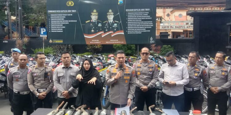 Kapolresta Malang Kota mengungkap aksi balap liar di Kota Malang. (Foto/M Sholeh)