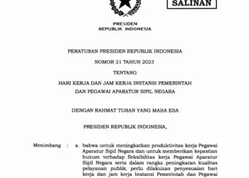 Salinan Perpres Nomor 21 Tahun 2023 tentang hari dan jam kerja ASN terbaru.