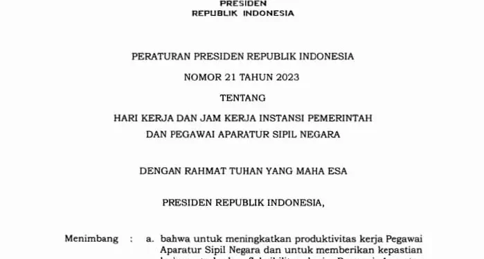 Salinan Perpres Nomor 21 Tahun 2023 tentang hari dan jam kerja ASN terbaru.