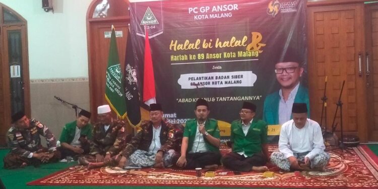 Halalbihalal GP Ansor Kota Malang sekaligus pelantikan Badan Siber Ansor di Gedung PCNU Kota Malang pada Jumat, 19 Mei 2023.