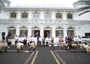 Pj Wali Kota Batu, Aries Agung Paewai, menyerahkan sumbangan hewan kurban secara simbolis kepada seluruh takmir masjid di desa/kelurahan Kota Batu di Masjid Brigjen Soegiyono, Kamis (29/6/2023).