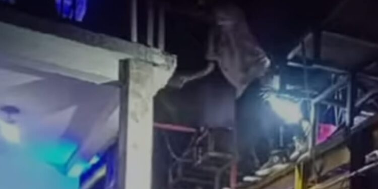 Tampak seorang pria menghancurkan tembok atap rumah dengan menaiki mobil pengangkut sound system. Diketahui, peristiwa itu terjadi di Malang, Jawa Timur.