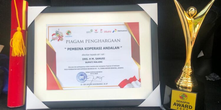 Bupati Malang, Sanusi menerima penghargaan sebagai Pembina Koperasi Andalan dari Dekopin