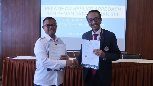 Wakil Direktur I Politeknik PU, Syamsul Bahri SSi MT dan Direktur Politeknik Negeri Malang (Polinema) Supriatna Adhisuwignjo ST MT. 