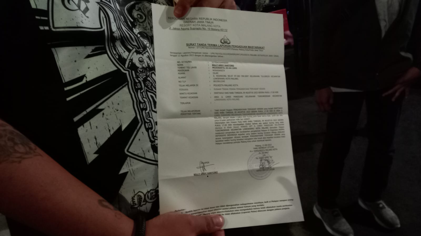Surat aduan adanya penembakan kucing di Jalan Candi Panggung, Kota Malang.