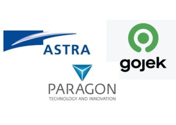 Logo tiga perusahaan Astra, Paragon dan Gojek.