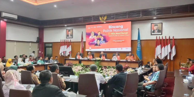 Pemaparan dan diskusi hasil Survei Opini Publik Jatim 2023 dalam kegiatan Bincang Politik Nasional di kampus UMM.
