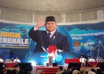 Menteri Pertahanan RI, Prabowo Subianto saat mengisi kuliah umum di UMM.
